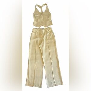 Express Pastel Yellow Linen Vest & Wide Leg Trouser Set XS Top 4S Pants